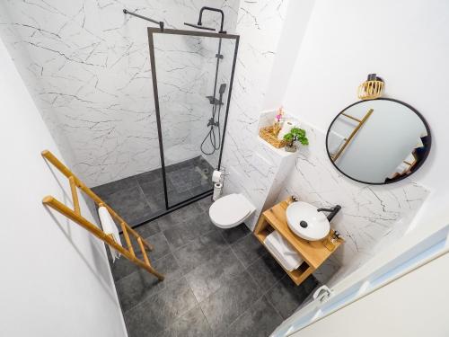 ein Bad mit einer Dusche, einem WC und einem Spiegel in der Unterkunft Bohemian Bliss in Sibiu