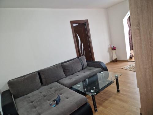 - un salon avec un canapé et une table en verre dans l'établissement Apartament Adela, à Brezoi