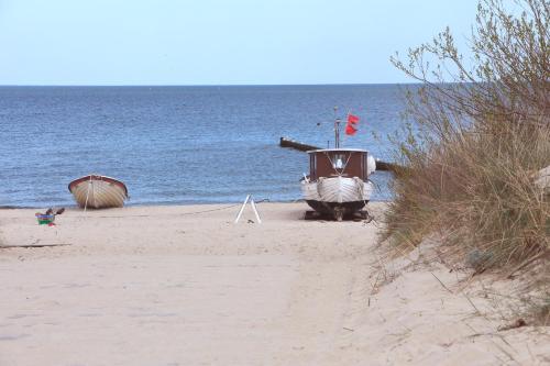 a boat sitting on the beach next to the water at Strandläufer Zempin in Zempin