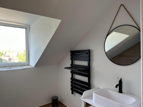 uma casa de banho com um lavatório e um espelho em Gîte des Tourterelles em Épineuil-le-Fleuriel