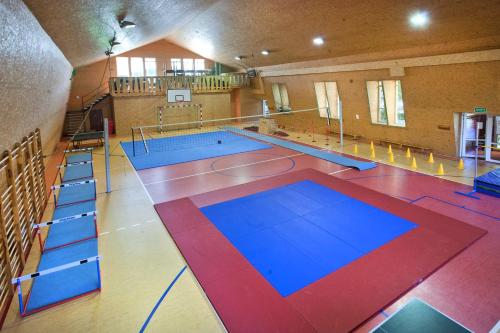 a large indoor swimming pool with blue and red at Pensjonat Borowik in Jelenia Góra-Jagniątków