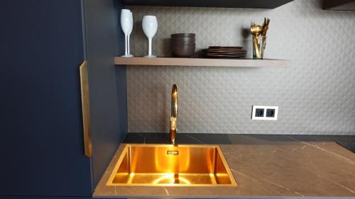um lavatório dourado numa cozinha com uma prateleira em Middelburg Koperwiek em Middelburg