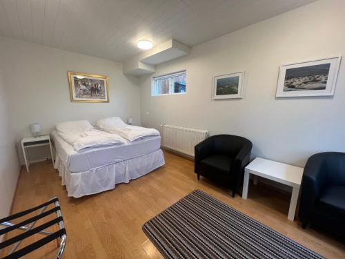 a bedroom with a bed and a desk and a chair at Gl&aelig;sib&aelig;r 2 Guesthouse and horsefarm in Akureyri