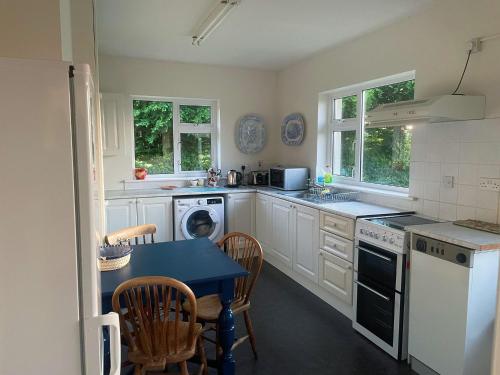 a kitchen with white cabinets and a blue table at Cooper Hill in Carlow