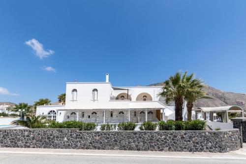 a white house with a palm tree in front of it at Blue Life Hotel in Emboríon