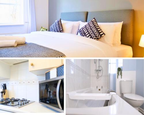 2 immagini di una camera con letto e bagno di Central Peaceful Home with Parking, Wi-Fi and Garden a Stafford