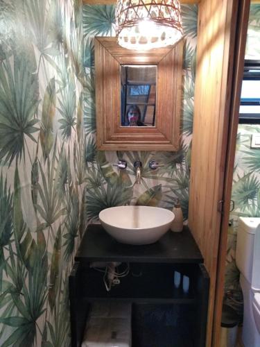 a person taking a picture of a bathroom with a sink at Modo tiny relax spa in Duggan
