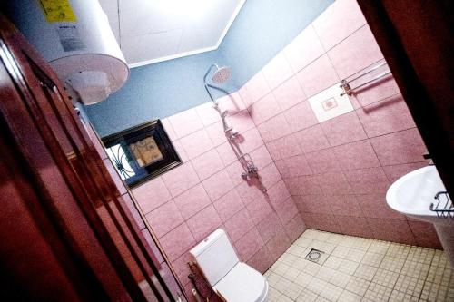 a bathroom with a pink shower with a toilet at Appartement meublé in Douala