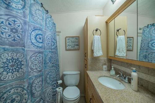een badkamer met een toilet, een wastafel en een spiegel bij Sherwood Cottage - Charming and cozy cabin that has back deck with a Hot Tub! in Big Bear City