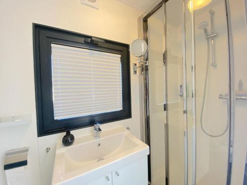 a bathroom with a sink and a shower with a window at Woonboot Bertan in Nieuwpoort