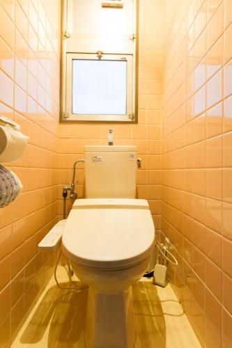 a white toilet in a bathroom with a window at Hotel Villa Dogo in Matsuyama