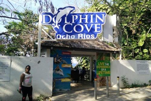 a woman standing in front of a sign at Ocean View Get Away in Falmouth