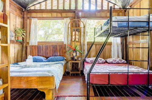 a bedroom with two bunk beds and a window at Luminosa Uvita Hostel in Uvita