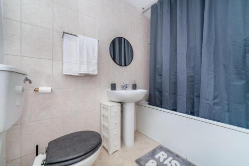 a bathroom with a toilet and a sink and a shower at One bedroom flat in the heart of Brixton in London
