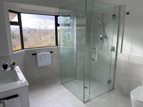 a bathroom with a glass shower and a sink at Modern apartment- rural outlook, central Cambridge in Cambridge