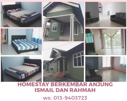 een collage van verschillende foto's van een bed en een huis bij Homestay Anjung Ismail Anjung Rahmah in Kampong Pauh