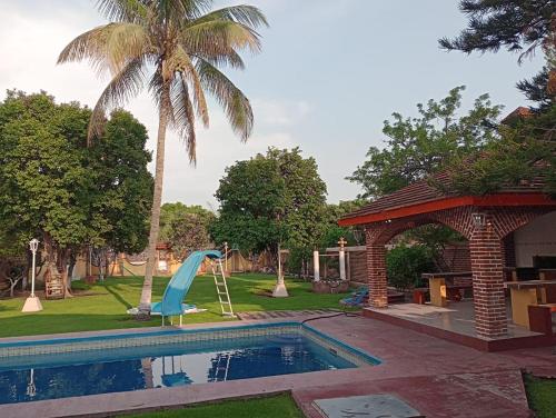 una piscina con un tobogán junto a una palmera en Finca girasoles en Ayala