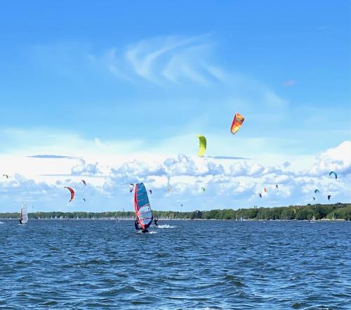 a group of kites flying over a large body of water at Ferien-Whg Souterrain Exklusives App Stella Maris mit Parkplatz direkt am Steinhuder-Meer in Wunstorf