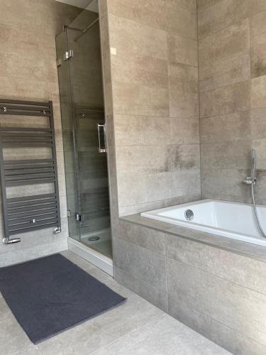 a bathroom with a bath tub and a shower at Spacious appartement in scenic quarter with huge roof terrace in Breda