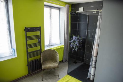 a bathroom with green walls and a shower and a chair at La Petite Maison 64 rue Arthur Lamendin in Carvin