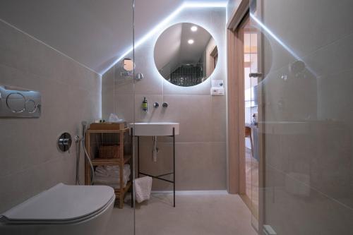 a bathroom with a toilet and a sink and a mirror at Penzion Havran in Litomyšl