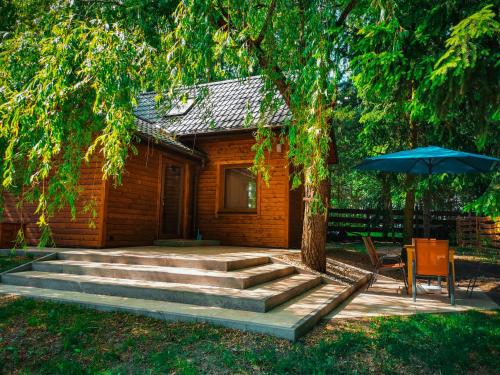 une cabane en rondins avec une table et un parasol dans l'établissement Ostoja Stacze, à Stacze
