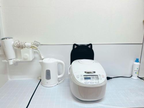 a black cat sitting in the corner of a bathroom at Momo House Near Komagome easy to shinjuku, Ueno, Tokyo in Tokyo