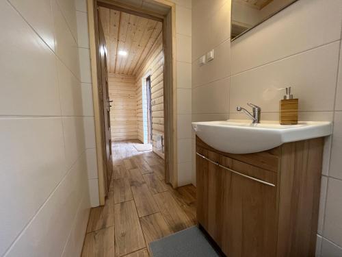a bathroom with a sink and a mirror at Domek wypoczynkowy Górskie Zacisze in Sidzina