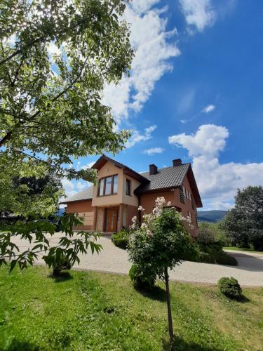 a house with a tree in front of it at Beskid Rose & SPA in Słopnice