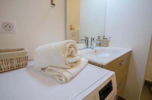 - une salle de bains avec des serviettes sur un comptoir à côté d'un lavabo dans l'établissement Gambetta calme et confort avec balcon a Annecy, à Annecy