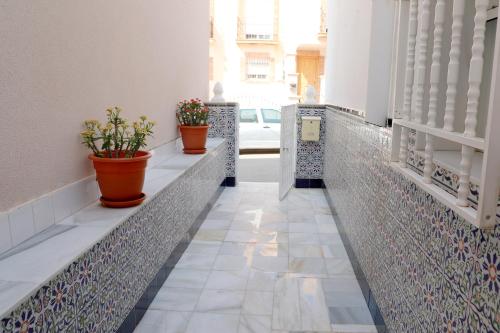 a corridor with potted plants on the walls of a building at Chalet Completo Luna de Carboneras in Carboneras