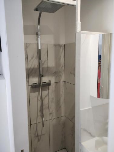 a shower with a glass door in a bathroom at Au Tromp l'oeil Studio ou T2 in Sainte-Marie-la-Mer