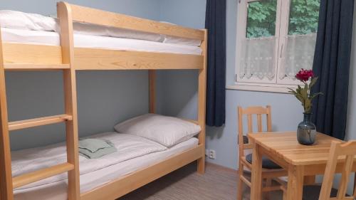 a room with two bunk beds with a table and a tableablish at APARTMÁNY V PARKU in Lednice