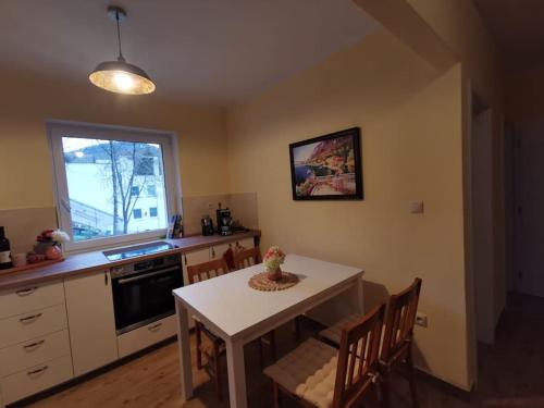 cocina con mesa, sillas y ventana en Apartmán PAWLONIA en Trenčianske Teplice