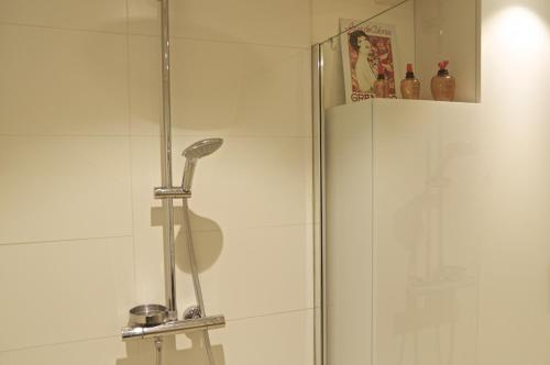 La salle de bains est pourvue d'une douche et d'une porte en verre. dans l'établissement Sauvageau - Appartement 1 chambre avec Parking, à Bordeaux