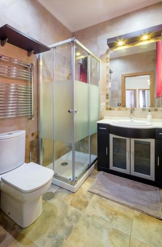 a bathroom with a shower and a toilet and a sink at Apartamento céntrico Candás in Candás