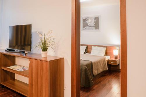 Schlafzimmer mit einem Bett, einem TV und einem Spiegel in der Unterkunft Apartmány Snow v úplnom centre Starého Smokovca in Starý Smokovec