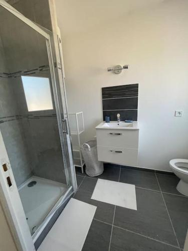 une salle de bain avec une douche, un lavabo et des toilettes dans l'établissement Studio meuble Kenaya 29m2., à Saint-Étienne-du-Rouvray