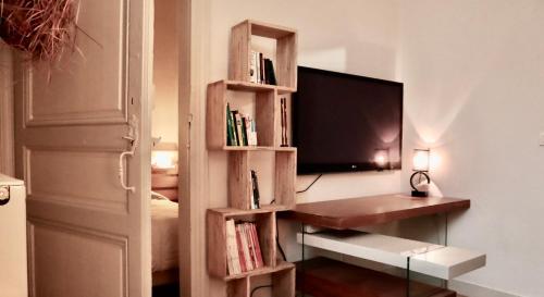 een woonkamer met een tv en een boekenplank bij Koko & Baobab in Bordeaux