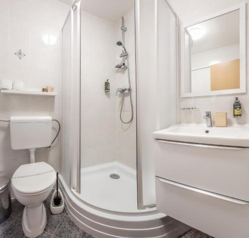 a bathroom with a shower and a toilet and a sink at Resort Valtberg - Depandance in Valtice