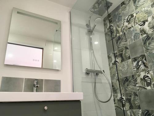 une salle de bain avec douche et miroir dans l'établissement 9 - Agréable appartement, terrasse, vue mer et parking, à Bandol