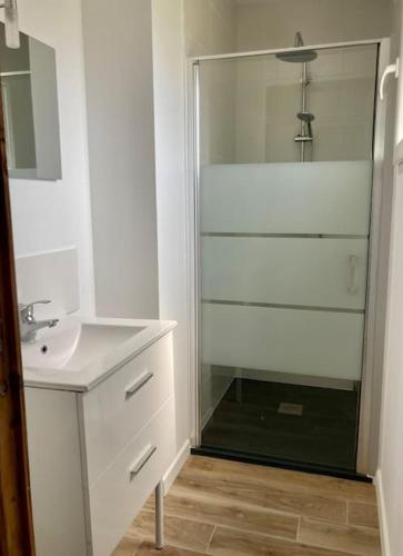 une salle de bain blanche avec une douche et un lavabo dans l'établissement Maison neuve à deux pas du Mont, à Beauvoir
