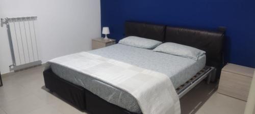 1 cama con 2 almohadas en una habitación azul en RICASOLI HOUSE, en Bisceglie