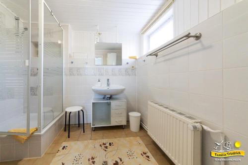 y baño blanco con lavabo y ducha. en Ferienwohnung -Happy- Familie Friedrich, en Korswandt