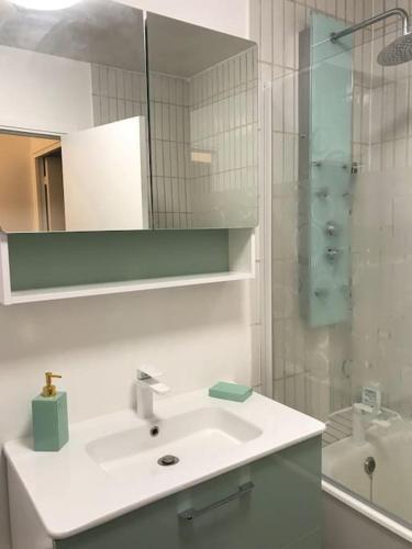 une salle de bain blanche avec un lavabo et une douche dans l'établissement Nid de rêve, vue imprenable sur Paris et terrasse 10m2, à Paris