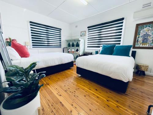 two beds in a room with wood floors and windows at Town Cottage in Tenterfield
