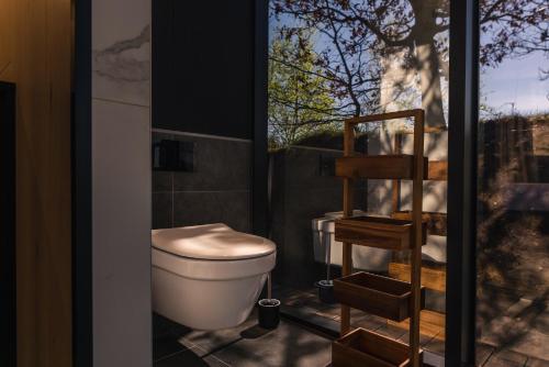 a bathroom with a toilet and a glass door at The Valley x Wilsum in Wilsum