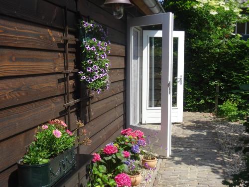 a door of a house with potted plants and flowers at Huisje aan ‘t Hof in Bronkhorst