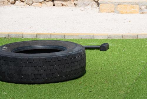 a large tire sitting on the grass in a yard at Hacienda Nikolic in Milna