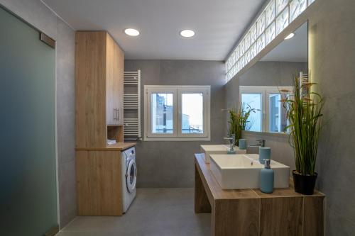 La salle de bains est pourvue d'un lavabo et d'un lave-linge. dans l'établissement Maxblue 2, au Pirée